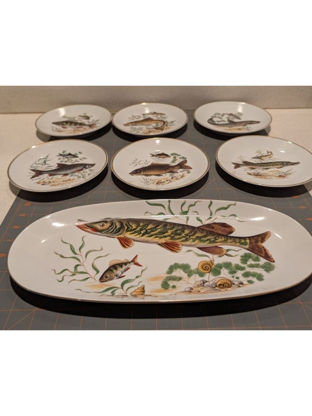Vintage Naaman Israel Fish Platter 6 Plates Gold Trim Porcelain NAA2 Pike Fish - Picture 11 of 16